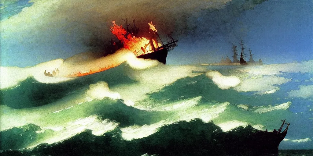 Prompt: “ boat on fire in rough ocean waves, painted by caspar david friedrich and ivan aivazovsky and winslow homer ”