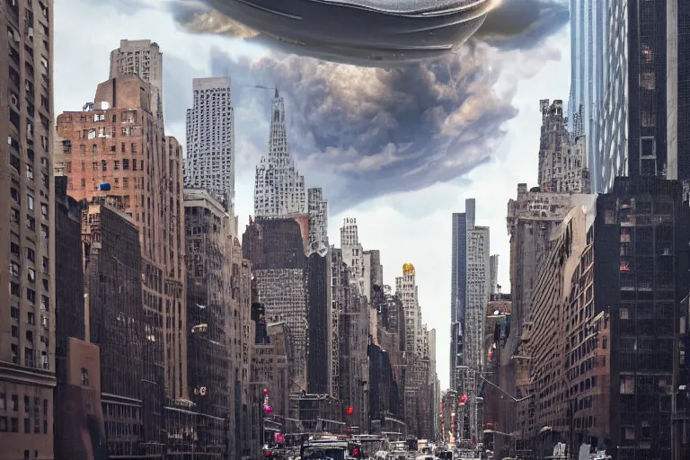 Prompt: matte painting of an giagantic single alien mothership entering the atmosphere through the first cloud layers seen from the streets of downtown new york, pov