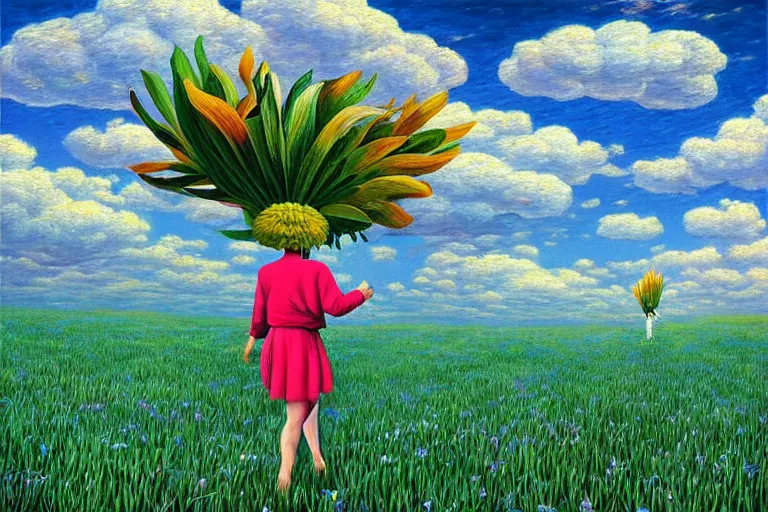 Image similar to giant flower head, woman walking, surreal, clouds in sky, impressionist painting, digital painting, artstation, rob gonsalves