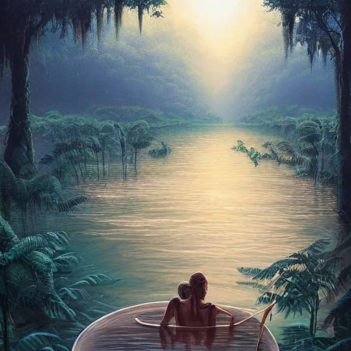 Prompt: masterpiece, darling, amazon jungle, river, rain, by jeffrey smith, rhads, surreal, digital art, highly detailed, artstation, cinematic