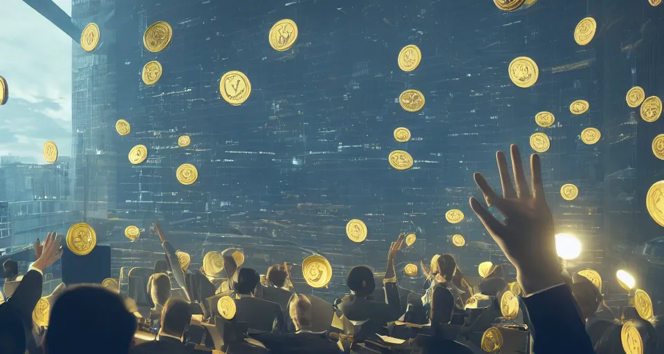 Image similar to Dramatic photo of a CEO waving to a large group of his coworkers in a futuristic office. Golden coins are levitating all around them. 8k, high detail, trending on Artstation, volumetric lighting, cyberpunk