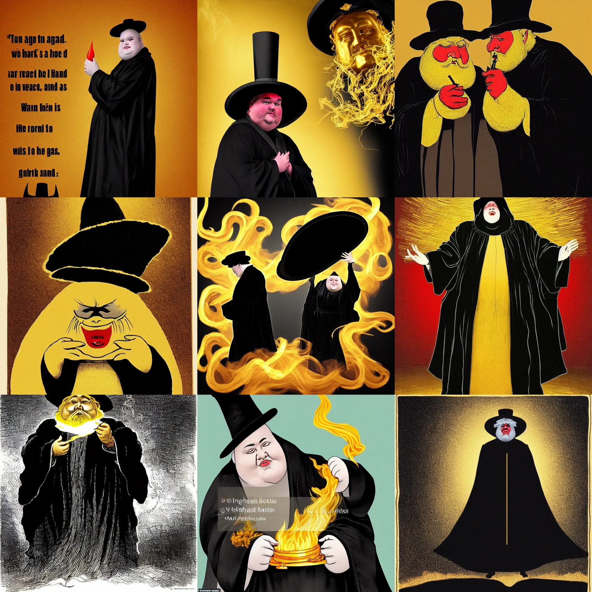 Prompt: wearing a black robe, wearing a high hat, the hat is written on the world is too peaceful, the robe is golden, the fat man, the appearance is fierce, the devil, the eyes, the big eyes are red, holding the shackles in his hands, surrounded by this fine golden smoke