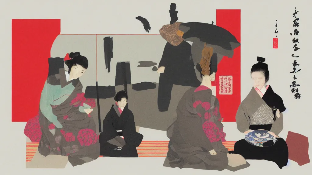 Image similar to a small tea ceremony, japan, a collage painting, in the style of wes anderson, lola dupre, david hockney, isolated on negative white space background dark monochrome neon spraypaint accents volumetric octane render