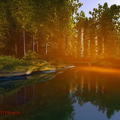 Image similar to river in a forest, golden hour, ray tracing reflection, 8k, hyper realistic, insainly detailed, hdr, octan render,