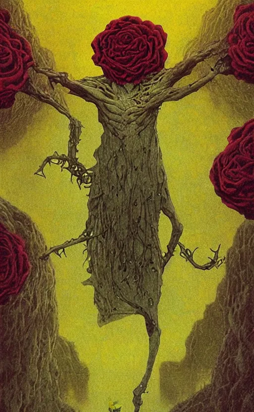 Image similar to the eldritch king in yellow covered by beautiful roses by beksinski, tarot card, strange frames, ghibli, minimalist, very colorful
