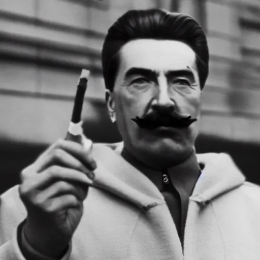 Prompt: cinematic shot of Joseph Stalin wearing a white hoodie and holding a cigarette sitting on a street curb in a bright city at night, 8k, highly detailed,