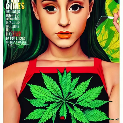 Prompt: 2 0 1 4 high times magazine ariana grande portrait painting : 5 marijuana, reefer, hard edges, green white and red, geometric shapes, fisheye lens, sexy, by sachin teng : 6