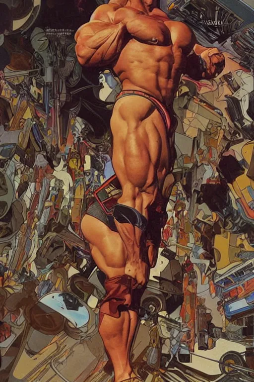 Prompt: arnold schwarzenegger power lifting a truck over his head, by artgerm and moebius and alphonse mucha, hyperdetailed, dc comics, explosions in the sky, trending on deviantart