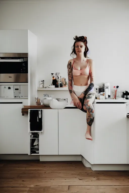 Prompt: a woman posing for the camera in a kitchen, a tattoo by louisa puller, trending on cg society, superflat, 3 2 k uhd, hd, 4 k