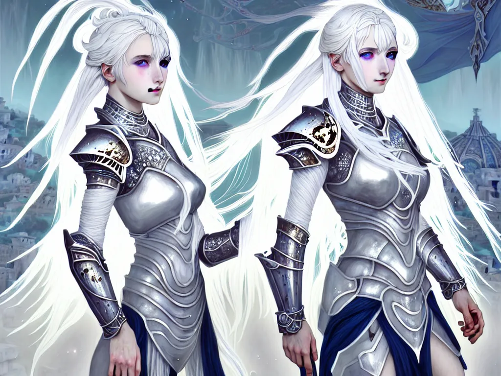 Image similar to portrait white hair knights of zodiac girl, matt white ice color armor, in ruined agora of athens sunrise, ssci - fi and fantasy, intricate and very beautiful and elegant, highly detailed, digital painting, artstation, concept art, smooth and sharp focus, illustration, art by ayanamikodon and tian zi and alphonse mucha and wlop