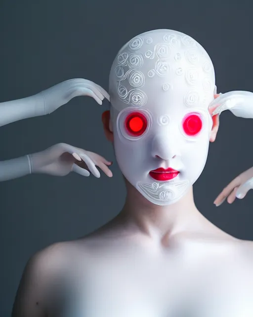 Prompt: portrait of a woman wearing a white embroidered translucent silicone mask and white red frizzy hair buns, wearing a silicone white bodysuit, white background, soft diffused light, biotechnology, kinetic sculpture, humanoide robot, translucent, intricate details, highly detailed, highly complex masterpiece