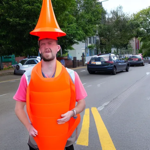 Prompt: man with traffic cone for head