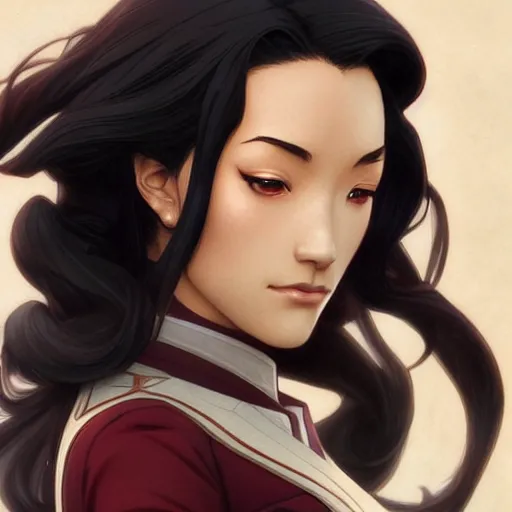 Image similar to Asami Sato from The Legend of Korra, fantasy, intricate, elegant, highly detailed, digital painting, artstation, concept art, matte, sharp focus, illustration, art by Artgerm and Greg Rutkowski and Alphonse Mucha