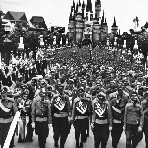 Image similar to nazi army marching through disney world, very coherent, scary