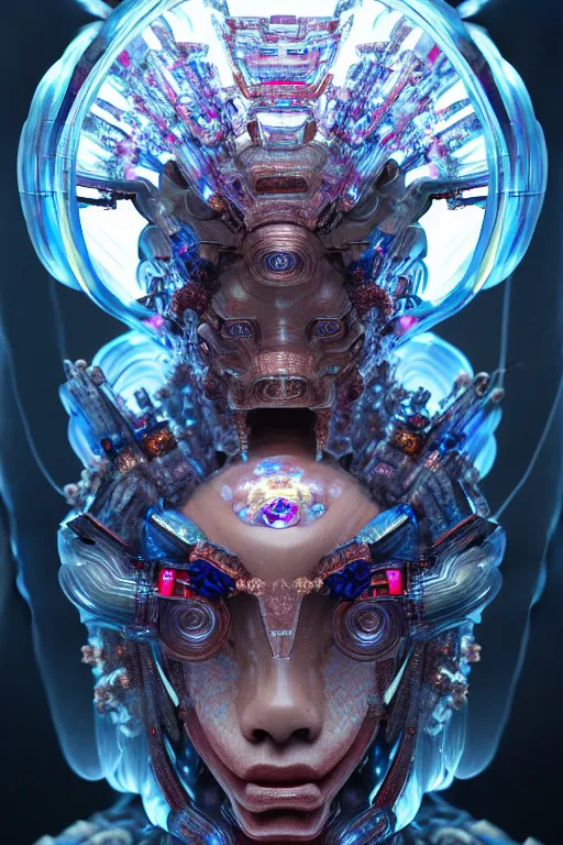 Image similar to asura from chinese myth, ghost, gorgeous and huge head ornaments, dystopian, cyberpunk, organic fractal mycelum and fungi, mecha, halfturn portrait of a big crystal face made of crystals half - turn, ominous, intricate, studio, art by anthony macbain + greg rutkowski + alphonse mucha, concept art, 4 k, sharp focus