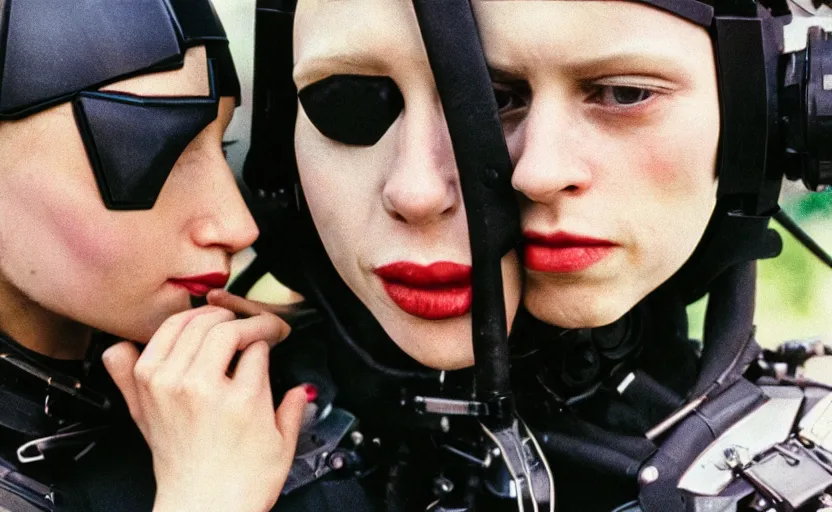 Image similar to cinestill 5 0 d photographic portrait by helen levitt of two loving female cyborgs kiss wearing black techwear in a retrofuturist garden, extreme closeup, modern cyberpunk, 8 k, hd, high resolution, 3 5 mm, f / 3 2, ultra realistic faces, intricate detail, ex machina