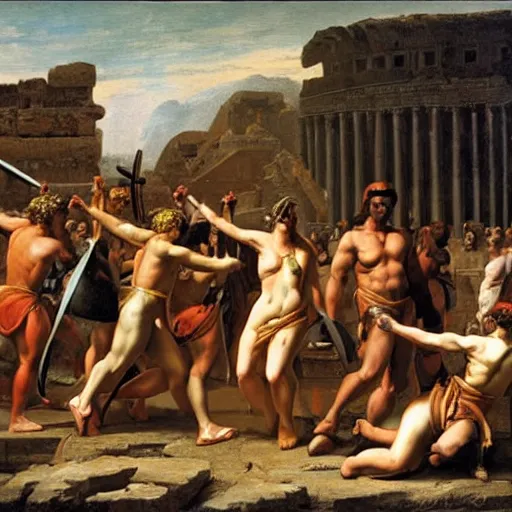Prompt: muscular warrior women, spartan warrior women, clashing in gladiatorial arena, roman coliseum, roman emperor watching, art by jacques - louis david
