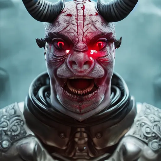 Image similar to hyper realistic knight with bull horns coming out of eye sockets, red, artstation, 8 k render, octane, fueled by caffeine : : tim burton