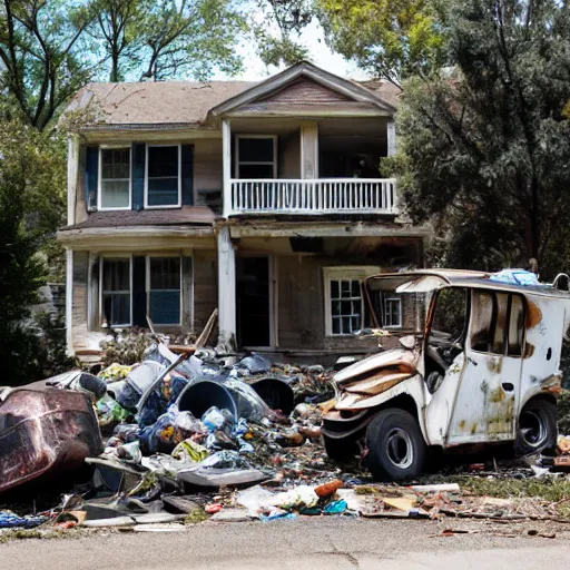 Prompt: a run down house with stacks of trash 1 0 feet high in front of the house. run down house is in a suburban neighborhood in america. broken and rusted golf cart in street in front of house