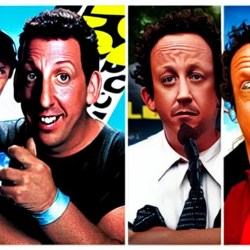 Image similar to Adam Sandler, Rob Schneider, and Paulie Shore, style of DC comics,