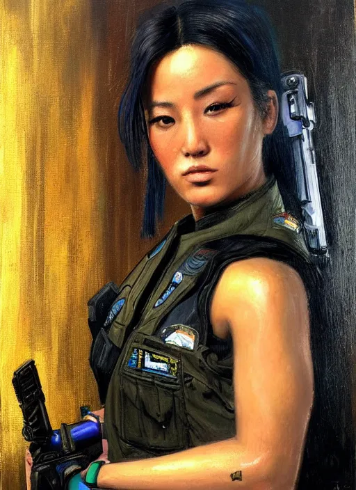 Prompt: Nikki tanaka. beautiful cyberpunk female USN marine wearing a military vest and brightly colored jumpsuit (cyberpunk 2077, bladerunner 2049). gorgeous face. Iranian orientalist portrait by john william waterhouse and Edwin Longsden Long and Theodore Ralli and Nasreddine Dinet, oil on canvas. Cinematic, hyper realism, realistic proportions, dramatic lighting, high detail 4k