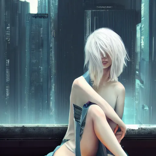 Image similar to white haired girl in a miniskirt sitting on a window, cyberpunk, digital art, expressive oil painting, highly detailed, trending on artstation, octane render