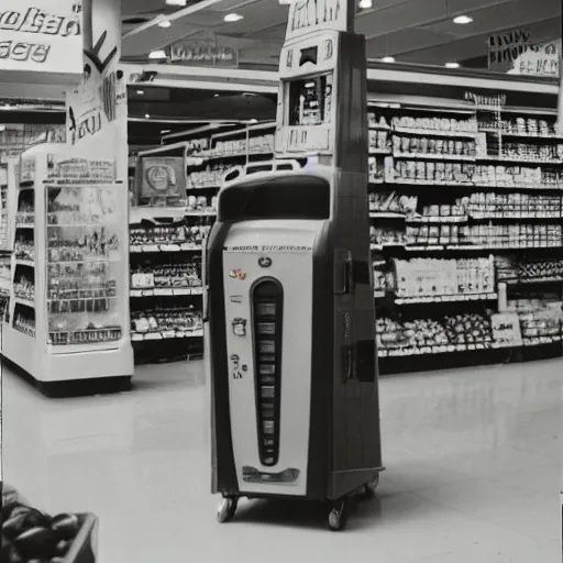 Image similar to Vintage Photograph of a futuristic time machine inside of a grocery store, shallow depth of field, awkward, out of place, polaroid 600 Color