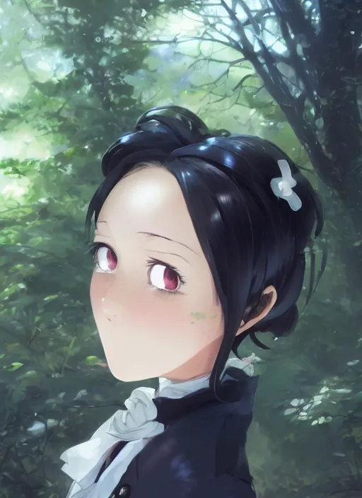 Image similar to a close up of a victorian maid with black bob hairstyle sitting in a forest. cute anime eyes. by makoto shinkai, stanley artgerm lau, wlop, rossdraws, james jean, andrei riabovitchev, marc simonetti, krenz cushart, sakimichan, trending on artstation, digital art.