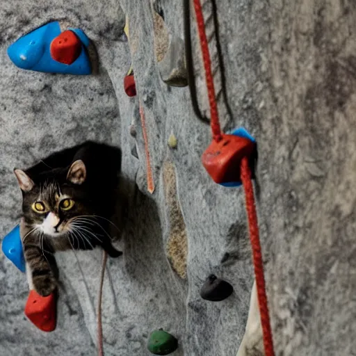 Image similar to photo of a cat rock climbing in a rock climbing gym