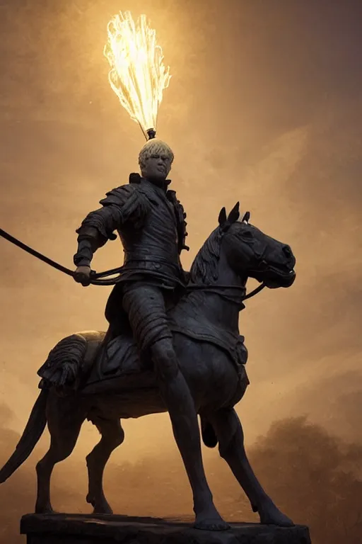 Image similar to a statue of boris johnson riding a horse, anatomy, bathed in light, highly detailed, photorealistic, artstation, smooth, sharp focus, illustration, unreal engine 5, 8 k, art by artgerm and greg rutkowski and edgar maxence