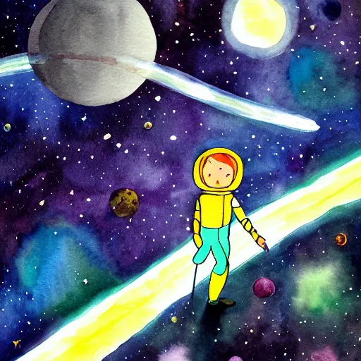 Image similar to space cadet ventures into the unknown galaxy, watercolor, thick lines, the little prince, 4 k, dramatic,