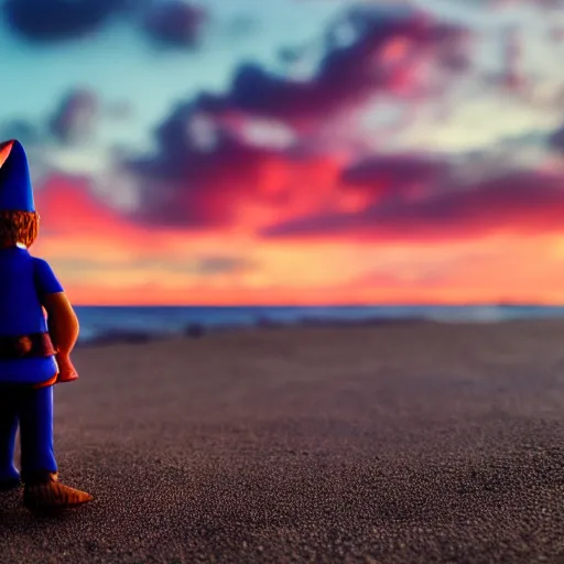 Image similar to cinematic front-view shot of a cute gnome standing on the beach during a sunset, 8k, dslr, highly intricate, highly detailed,