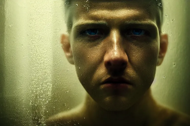 Image similar to an ultra realistic, cinematic, fantasy, portrait, of a prisoner, face in water, dramatic, soft light, dreamy, facial features, stood in a cell, with prison clothing, detailed, deep focus, movie still, dramatic lighting, ray tracing, by michal karcz and yoshitaka amano