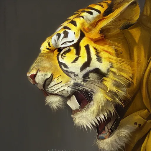 Prompt: a beautfiul award winning aesthetic commission of an antrho albino tiger wearing a yellow-black padded hooded puffer jacket,digital art,art by greg rutkowski,character design by charles bowater,ross tran,photorealistic,detailed face,hyperdetailed,western comic,2021,artstation,deviantart,detailed face