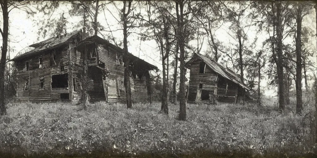 Image similar to abandoned and partially broken down wooden house in an ominous forest, 1 9 0 0 s photography