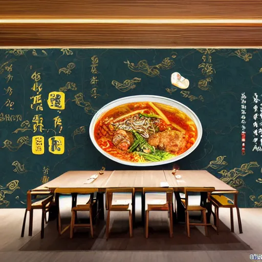 Image similar to a beautiful hyperdetailed 4 k hd wall paper illustration of roasted string hotpot restaurant restaurant yan'an, wall corner, simple style, wall painting, from china, with merchant logo, simple structure, surrealistic, chinese style, victo ngai