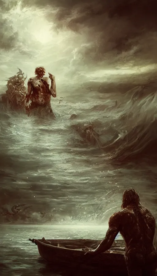 Prompt: man on boat crossing a body of water in hell with creatures in the water, sea of souls, by wlop