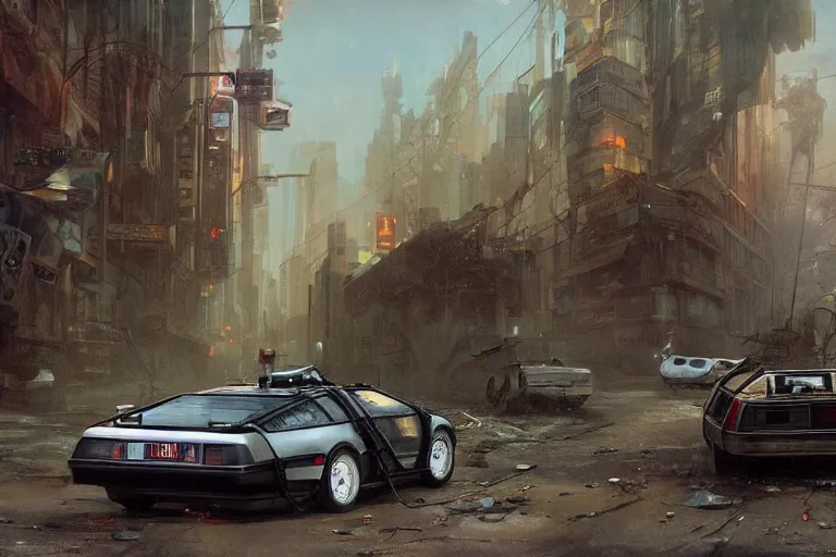 Image similar to photograph of the delorean driving down the streets of a cyberpunk abandoned city, by greg rutkowski, by stanley artgerm, by alphonse mucha