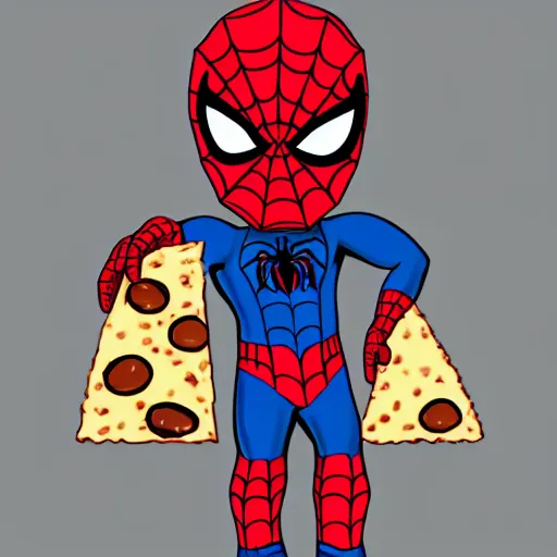 Prompt: digital illustration of cute chibi unmasked spiderman eating pizza, trending in artstation, highly detailed, award-winning, official marvel comics, cute, happy