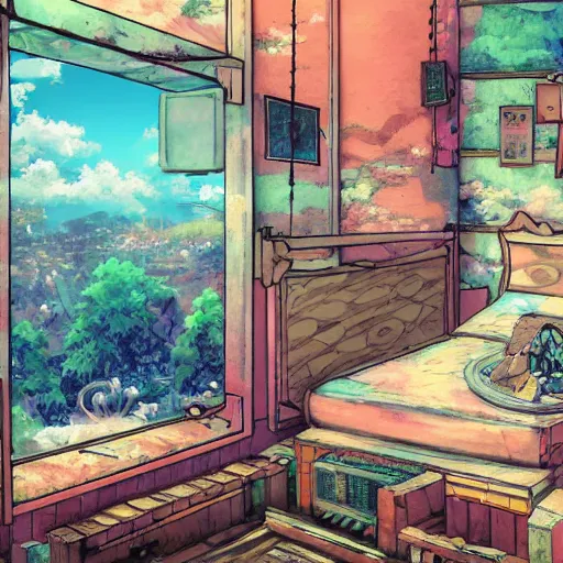 Image similar to painted anime background of the interior of a bedroom in the slums built from various coral seashells and being reclaimed by nature, nostalgia, vaporwave, litter, steampunk, cyberpunk, caustics, anime, vhs distortion, art created by miyazaki