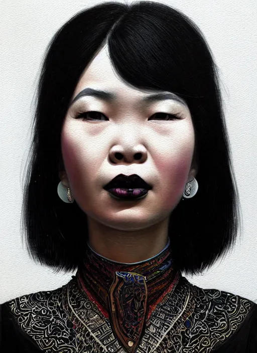 Image similar to portrait of a thai woman with crooked nose and a confident expression, 1 9 6 0 s, black clothes, goth, punk, brightly coloured hair, funk, intricate, elegant, highly detailed, digital painting, artstation, concept art, smooth, sharp focus, illustration, art by wlop, mars ravelo and greg rutkowski