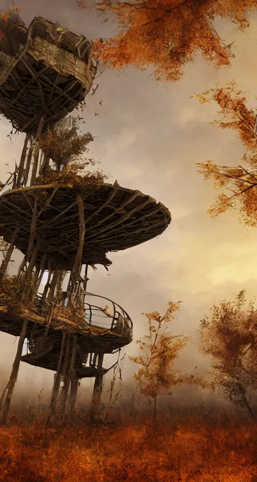 Image similar to tree house on a rusty broken building constructions of a giant upside - down spiral edgy staircase, leading to the sky, the ruins, in the steppe, autumn field, misty background, from the game pathologic 2, highly detailed, sharp focus, matte painting, by isaac levitan and asher brown durand,