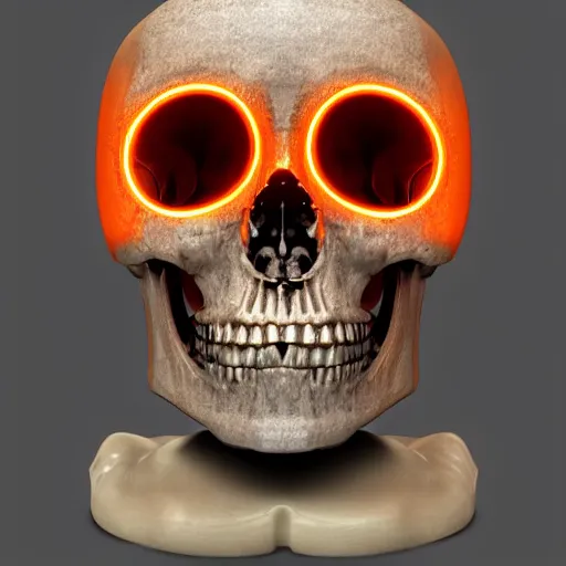 Image similar to real human skull with robotic circular orange light electronic eyes in eye sockets
