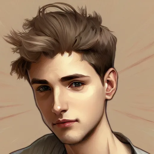 Image similar to young man with short, ash blond greyish hair, light brown eyes, casual clothes, relaxing, happy, path traced, highly detailed, high quality, digital painting, by alphonse mucha, sylvain sarrailh, beautiful details