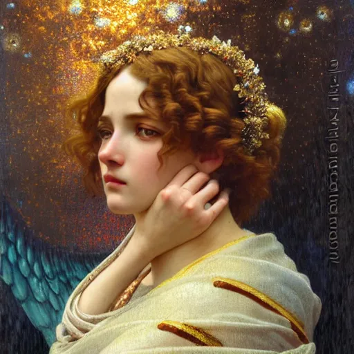 Image similar to highly detailed oil painting | very intricate | cinematic lighting | award - winning | the beautiful angel of saturn wearing a flowing toga | by godward, by tom bagshaw, by j. c. leyendecker and klimt, beautiful cinematic light, american romanticism, by alphonse mucha, artstation, cgsociety, official art, octane, detailed face