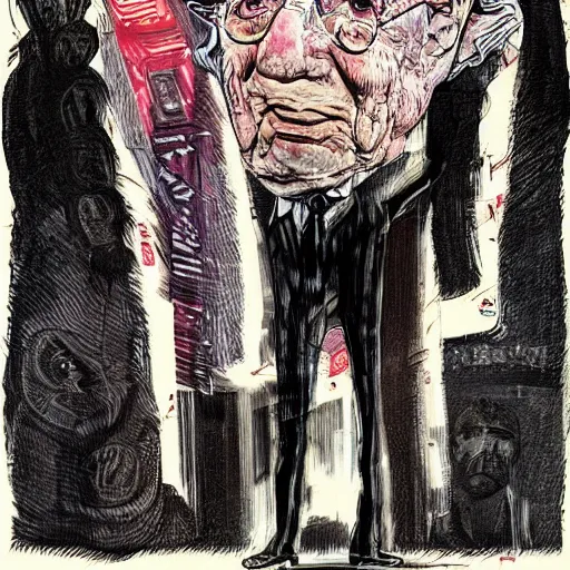 Image similar to George Soros full body shot, dollar bills Body horror, biopunk, by Ralph Steadman, Francis Bacon, Hunter S Thompson