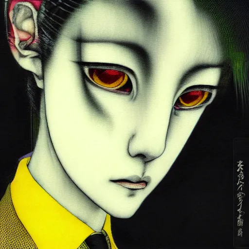 Image similar to yoshitaka amano blurred and dreamy realistic three quarter angle horror portrait of a sinister young woman with short hair and yellow eyes wearing office suit with tie, junji ito abstract patterns in the background, satoshi kon anime, noisy film grain effect, highly detailed, renaissance oil painting, weird portrait angle, blurred lost edges