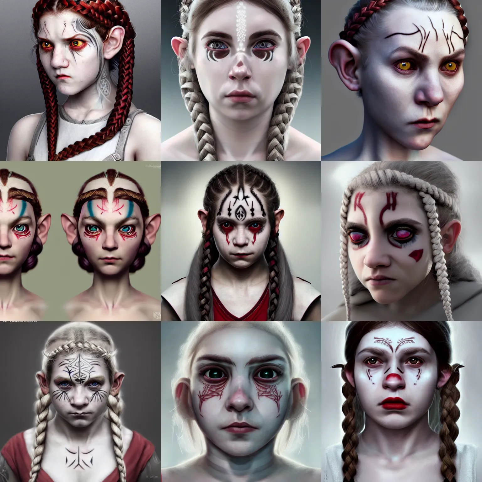 Prompt: realistic portrait of a young female halfling with white!! hair and a grey monks habit, strange geometric facial - tattoos!!, pale - white skin, red iris, long braided hair, haunted expression, artstation, cinematic lighting, hyper - detailed 8 k