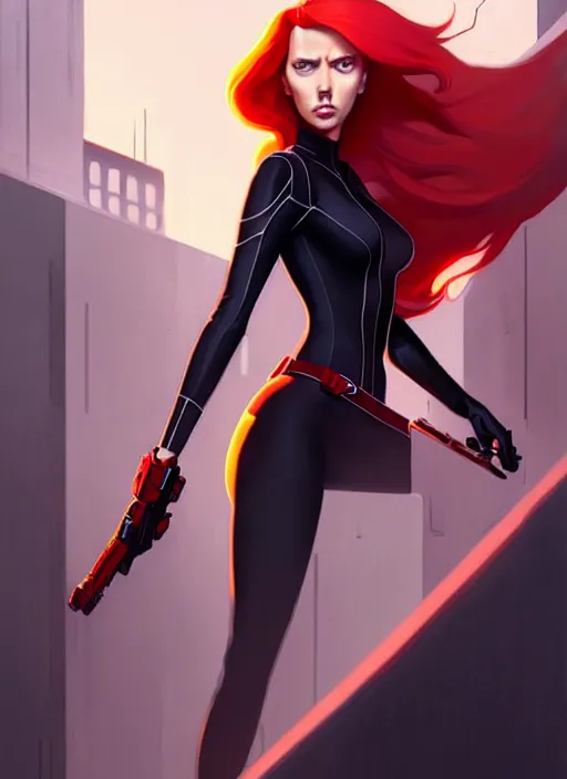 Image similar to peter mohrbacher, phil noto, artgerm, pretty scarlett johansson black widow, symmetrical eyes, long red hair, full body, city rooftop