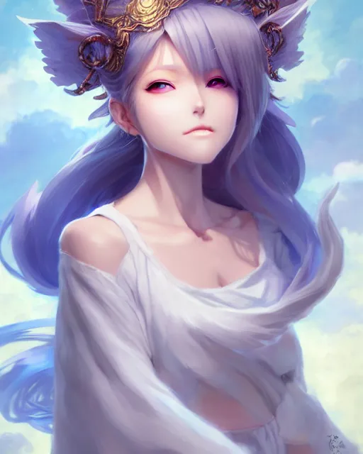 Image similar to character concept art of a an anime cloud goddess | | cute - fine - face, pretty face, realistic shaded perfect face, fine details by stanley artgerm lau, wlop, rossdraws, james jean, andrei riabovitchev, marc simonetti, and sakimichan, tranding on artstation